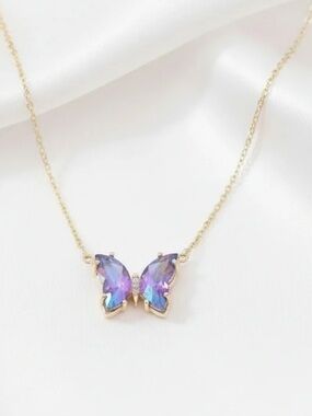 Gold Butterfly Necklace – Colorful Statement Pendant- Lilac